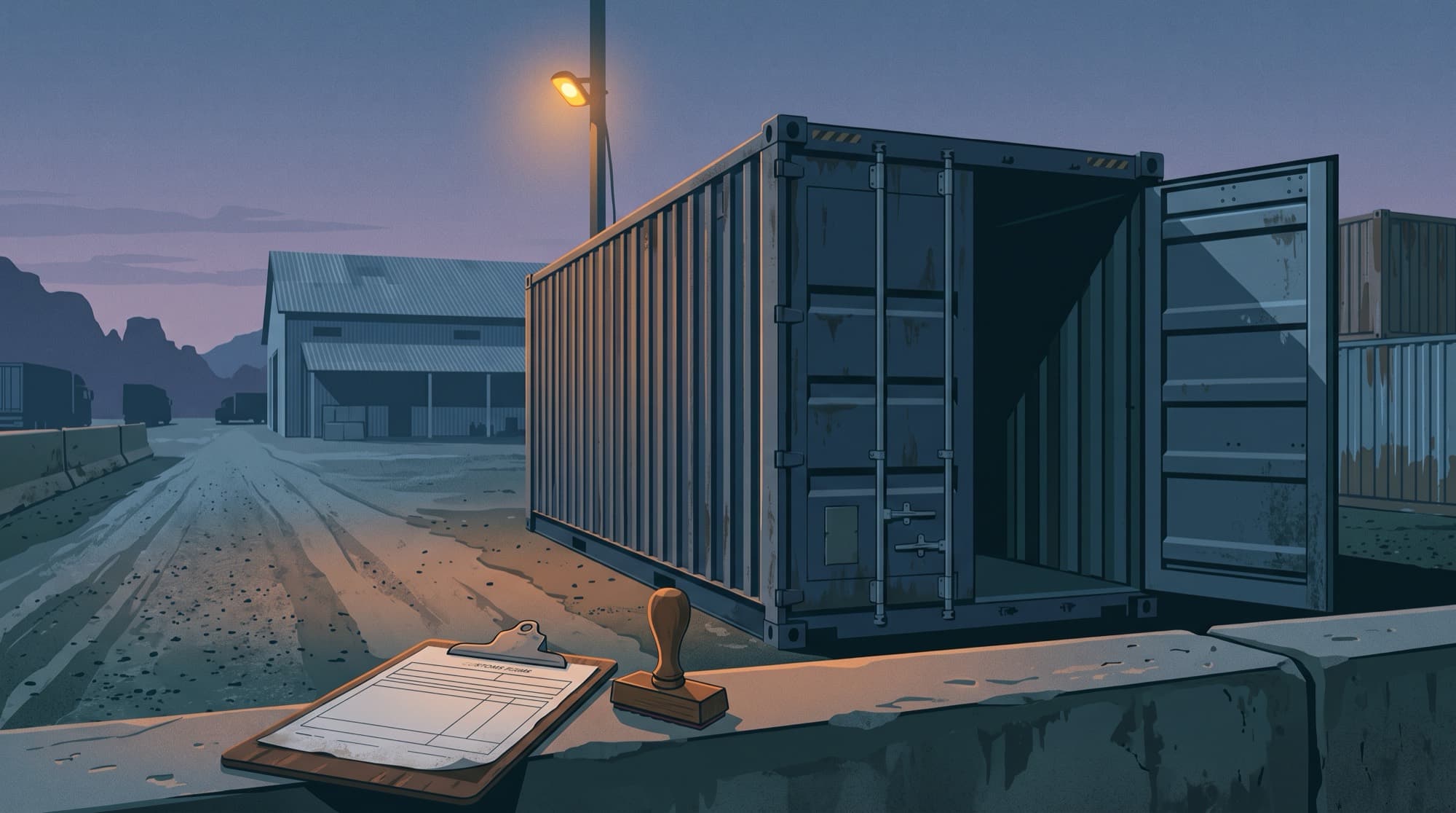 A shipping container standing open in a customs yard at dusk, with a clipboard and stamp on the wall in front of it