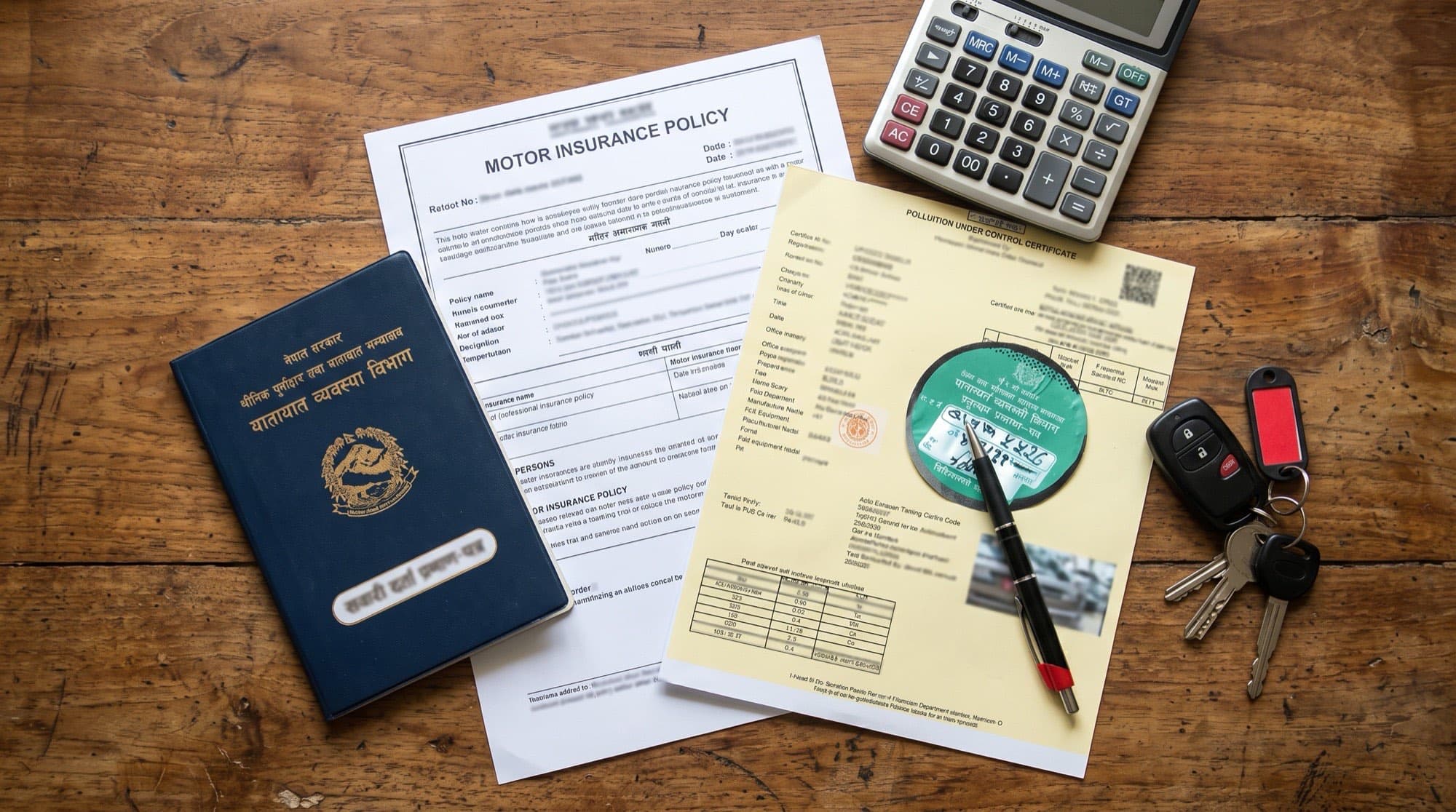 A vehicle registration bluebook, motor insurance policy, pollution certificate, calculator and car keys laid out on a wooden desk