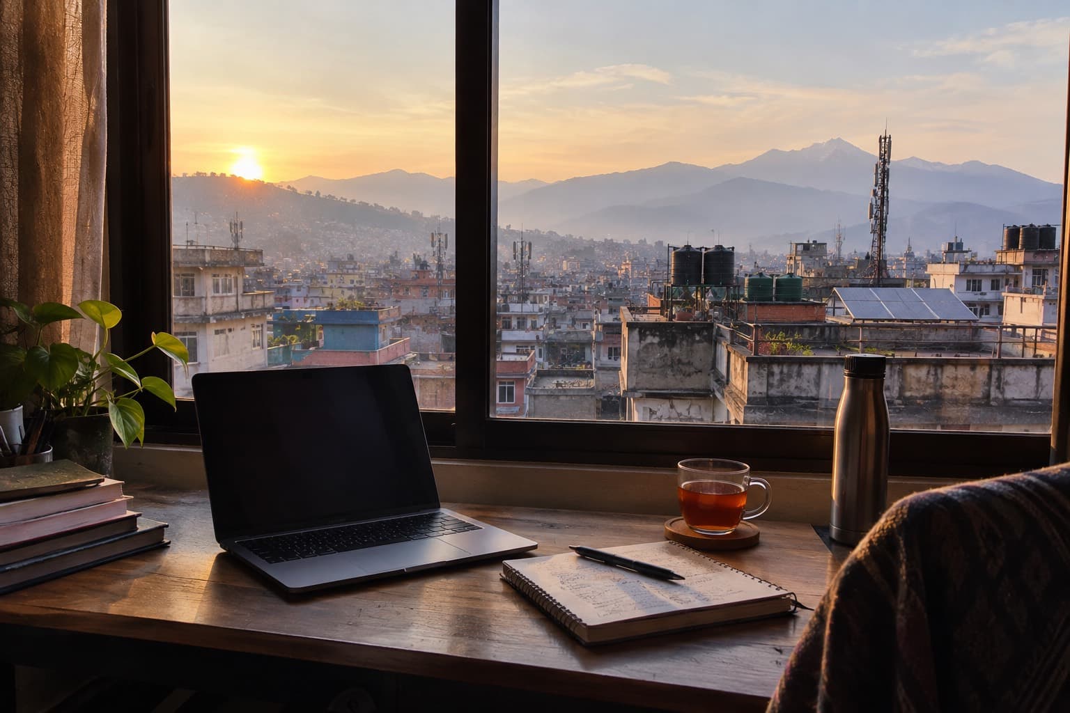 A desk by a window looking out over Kathmandu rooftops at sunrise, with a laptop, notebook and glass of tea