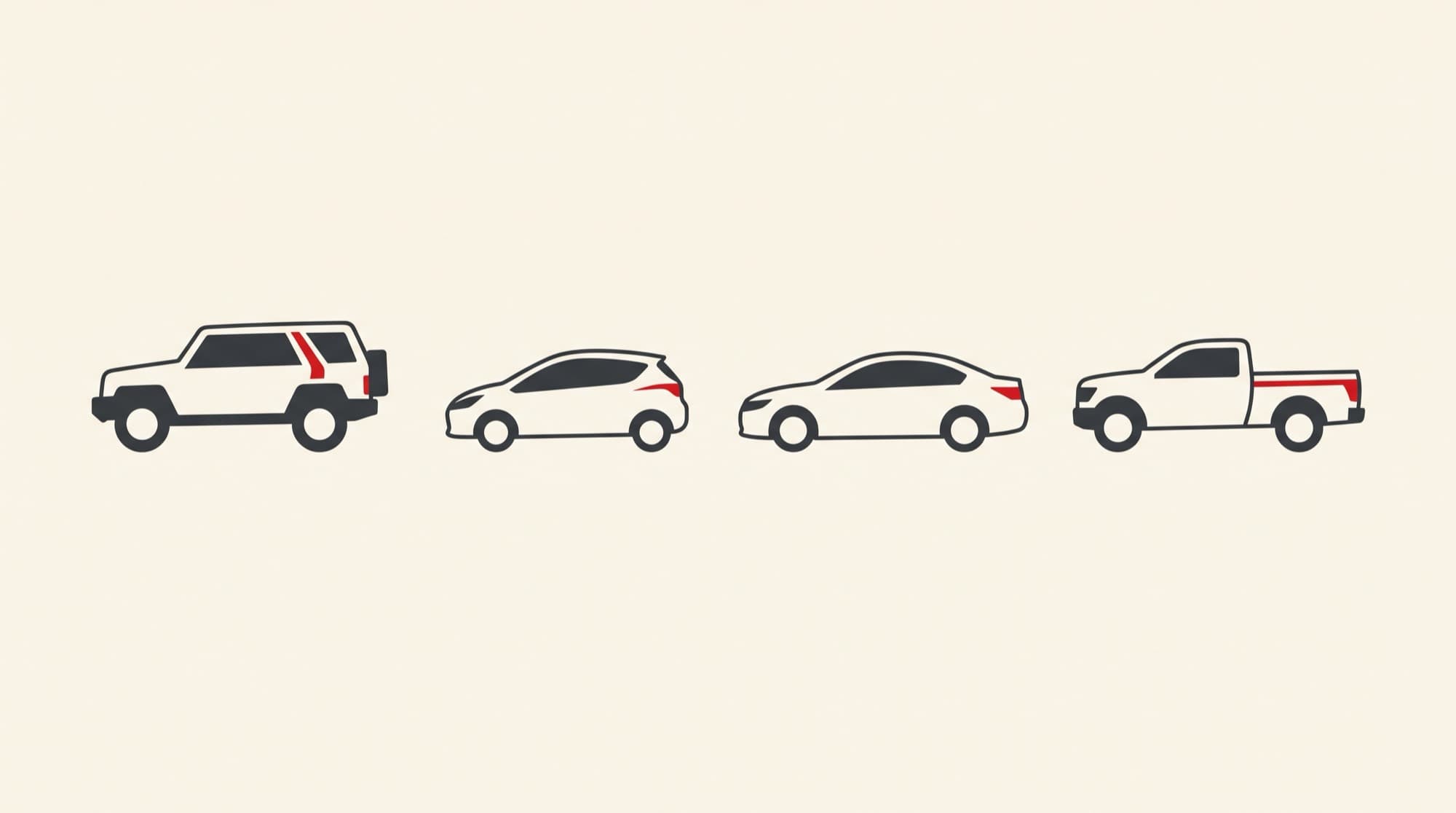 Line illustrations of four body types side by side: an SUV, a hatchback, a sedan and a pickup